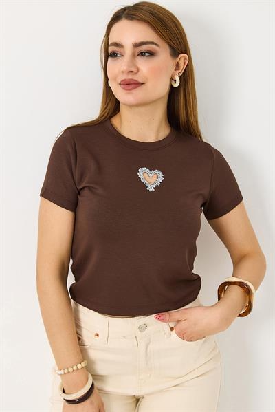 Kadın Taşlı Kalp Detaylı Crop  Bluz  Kahverengi