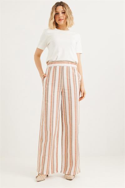 Beli Lastikli Rahat Kesim Keten Pantolon Kahverengi