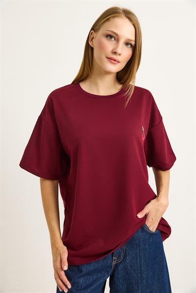 Kiraz Nakışlı Oversize Rahat Kalıp Tshirt Bordo