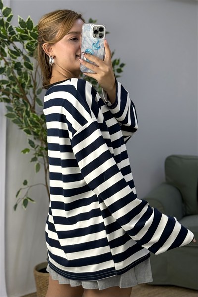 Kadın Bisiklet Yaka Oversize Sweatshirt Lacivert