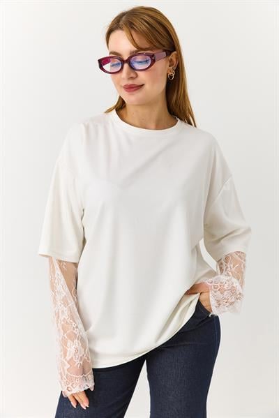Kadın Kolu Tül Detaylı Oversize Tshirt Beyaz