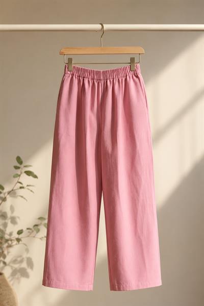Kadın Beli Lastikli Salaş Rahat Kumaş Pantolon Pembe