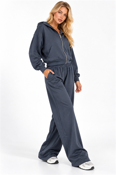 Kadın Oversize Fermuarlı Kapüşonlu Sweatshirt & Bol Paça Eşofman Takımı İndigo