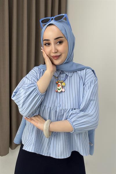 Kadın Çizgili Peplum Kesim Gömlek Bluz Mavi