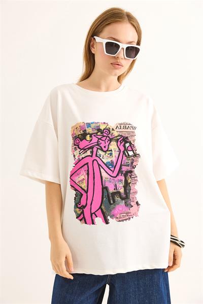 Baskılı Oversize Kesim Kadın Tshirt Beyaz