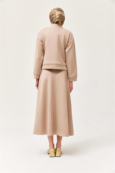 Metal Düğmeli Etekli Scuba İkili Takım Bej
