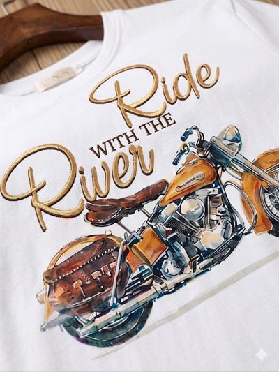 Kadın Bisiklet Yaka Motor Baskılı Tshirt Beyaz