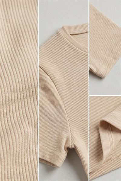 Kadın Bisiklet Yaka Kaşkorse Crop Bluz Bej
