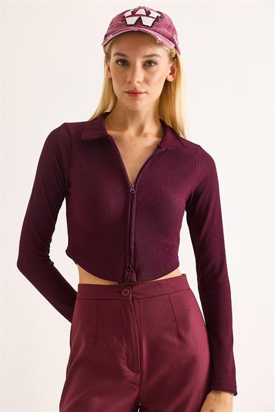 Kadın Polo Yaka Fermuarlı  Fitilli Kaşkorse Crop Bordo