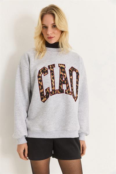 Kadın Üç İplik Leopar Baskılı Sweatshirt Gri