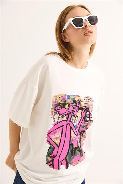 Baskılı Oversize Kesim Kadın Tshirt Beyaz