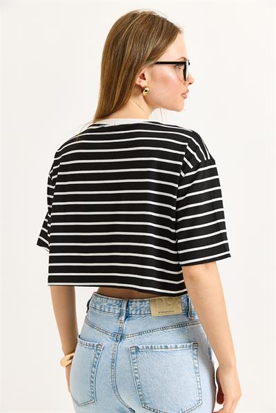 Çizgili Salaş Rahat Kumaş Crop Siyah