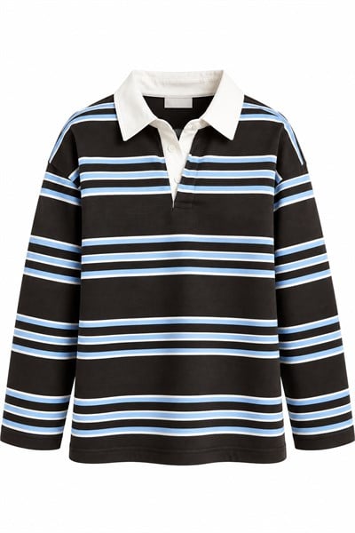Kadın Çizgili Polo Yaka Sweatshirt Kahverengi