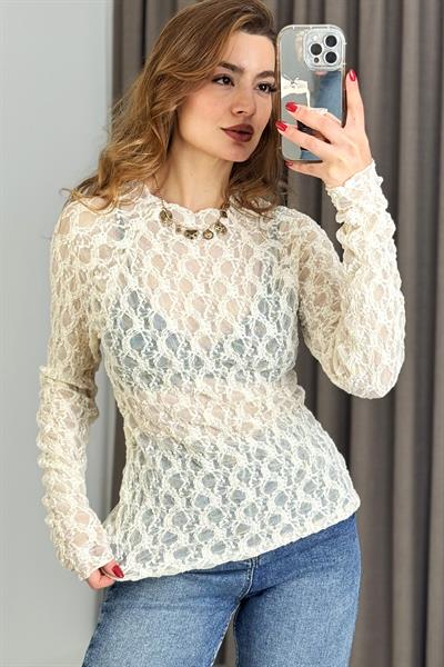 Kadın Bisiklet Yaka Dantel Transparan Bluz Beyaz