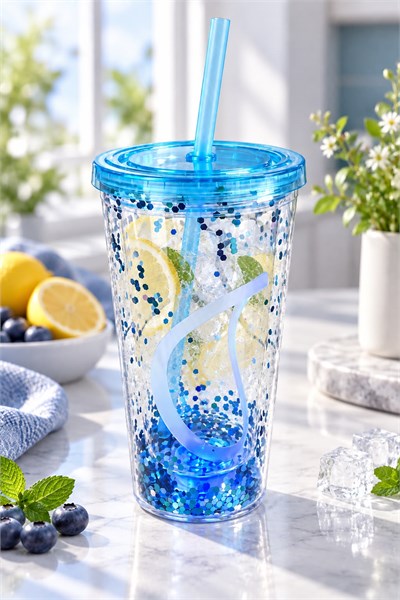 LED Işıklı Simli Pipetli Bardak Mavi