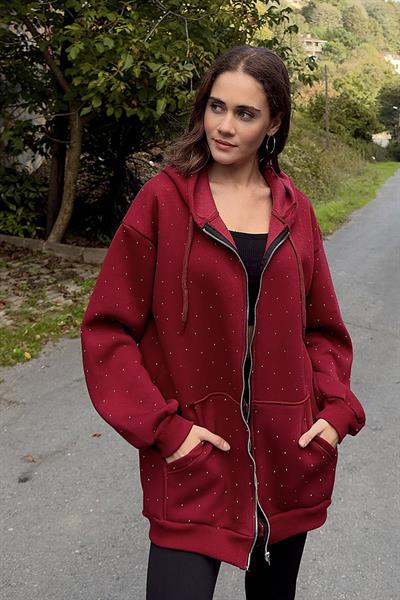 Kadın Taş Detaylı Üç İplik Oversize Kanguru Cep Sweat Hırka Bordo