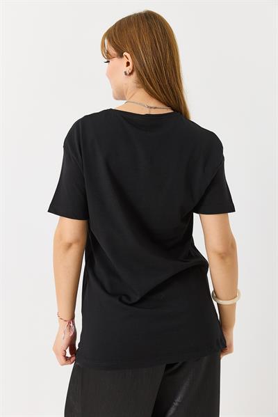 Kadın  Bisiklet Yaka Baskılı Kısa Kol Tshirt Siyah