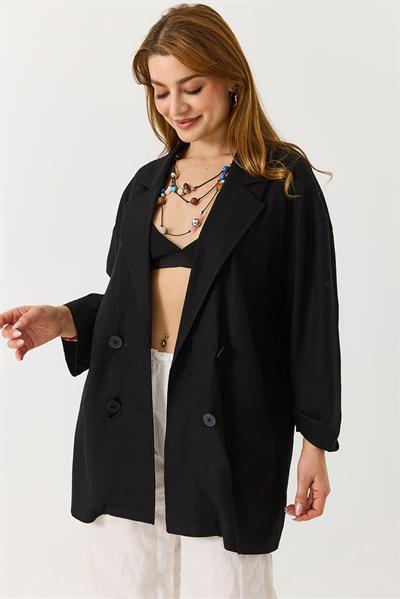 Kadın Kruvaze Yaka Oversize Blazer Ceket Siyah