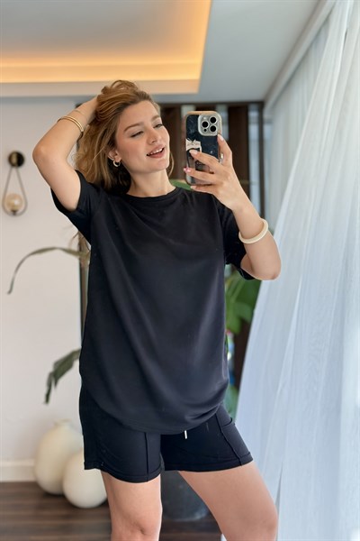 Kadın  Şortlu Çımalı  Kısa Kollu Takım Siyah