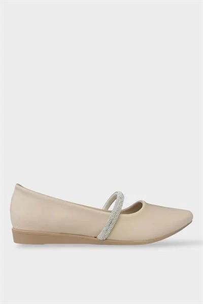 Kadın Bantlı Taş Detay Babet Ayakkabı Bej
