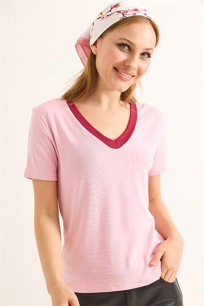 V Yaka  Kısa Kollu Kadın Kısa Tshirt Pembe