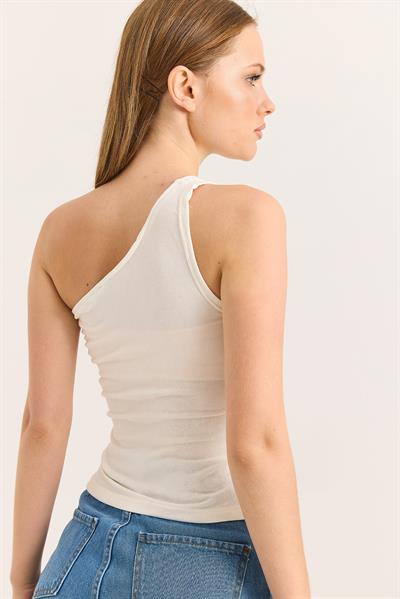 Tek Omuz Esnek Kumaş Bluz Ekru