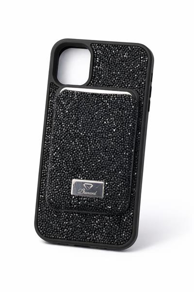 İphone 11 Uyumlu Parlak ve Taşlı Kart Bölümlü Kılıf Siyah