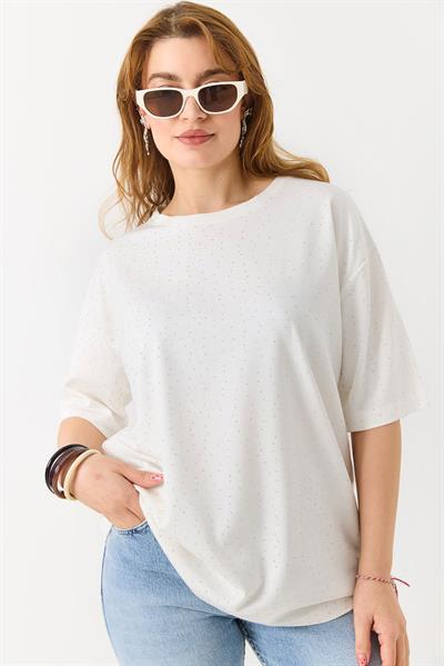 Kadın Taş Detaylı Bisiklet Yaka Oversize Tshirt Ekru