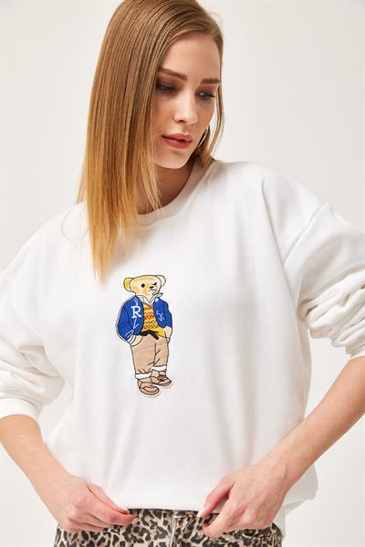 Oversize Nakışlı Sweatshirt Beyaz
