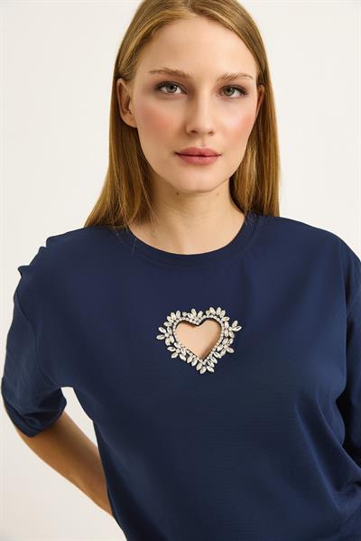 Kalp Detaylı  Oversize Kadın Tshirt Lacivert