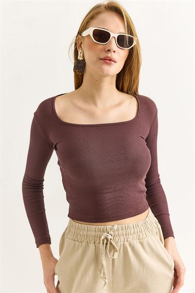 Kadın Fitilli Kare Yaka Uzun Kollu Bluz