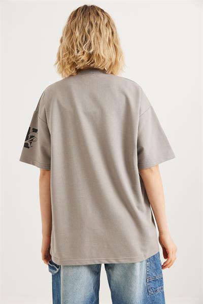 Bisiklet Yaka Baskılı Tshirt Gri