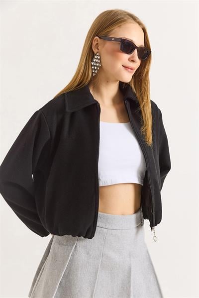 Siyah Fermuarlı Cepli Polo Yaka Kaşe Bomber Mont