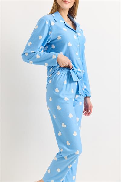 Kadın Mavi Pamuklu Polo Yaka  Beyaz Kalpli Pijama Takımı