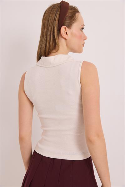 Sıfır Kol Polo Yaka Basıc Örme Kaşkorse Bluz Ekru