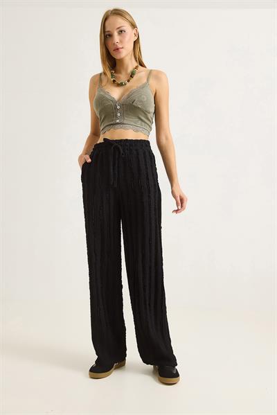 Geniş Paça Pileli Belden Bağlamalı Pantalon Siyah