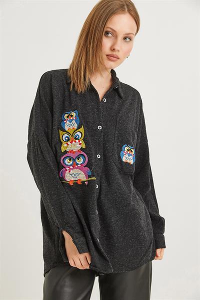 Baykuş Nakışlı Oversize Yün Gömlek Antrasit