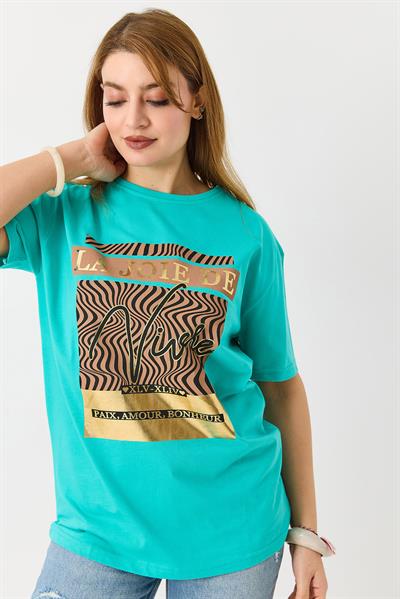 Kadın Parlak Yazılı Baskılı Tshirt Yeşil
