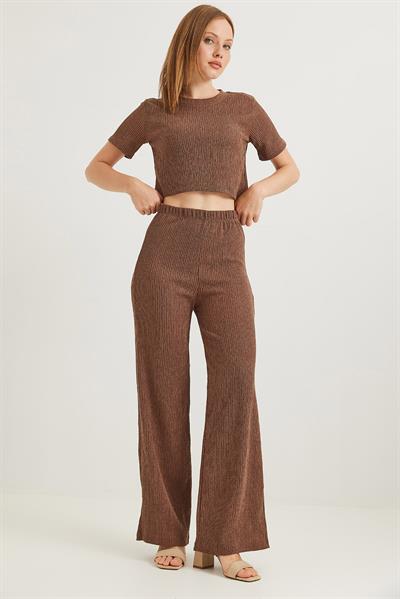 Bürümcük Kumaş İkili Crop Takım Kahverengi