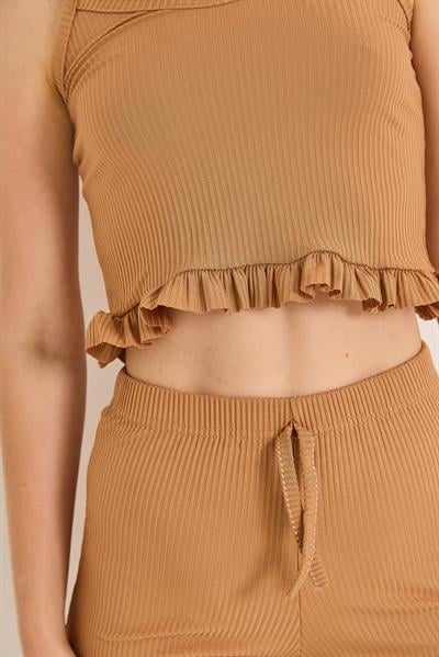 Askılı Fırfırlı Şortlu Takım Vizon