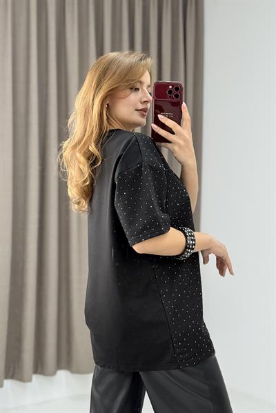Bisiklet Yaka Taşlı Yarım Kol T-shirt Siyah