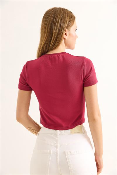 Bisiklet Yaka Kısa Kol Crop Bluz Bordo