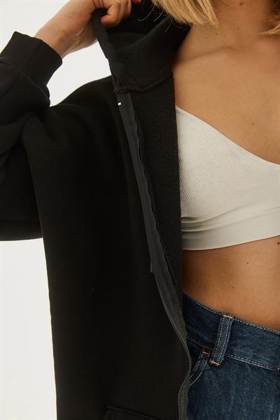 Kapüşonlu Fermuarlı Cepli Oversize Şardonlu Sweatshirt Siyah