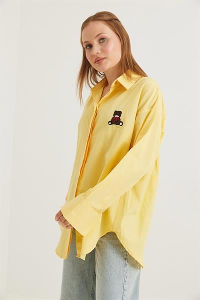 Ayıcık Nakışlı Oversize Basic Gömlek Sarı