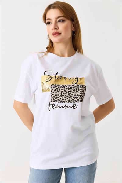 Kadın Bisiklet Yaka Baskılı Kısa Kol Tshirt Beyaz