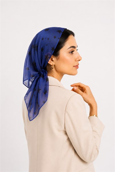 Yıldız Desenli Şifon 45X45 Ölçülü Fular Lacivert