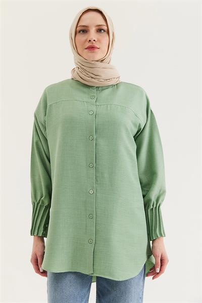 Keten Kumaş Kol Nervül Detaylı Gömlek Tunik Yeşil
