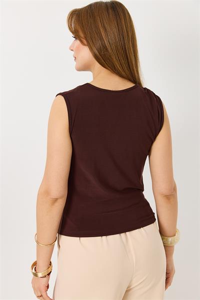 Kadın Degaje Yaka Kolsuz Sandy Bluz Kahverengi