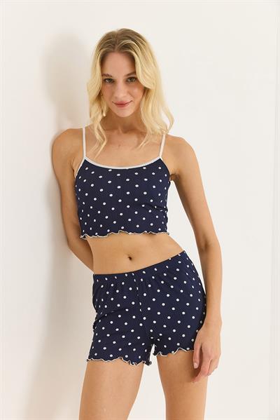Croplu Kalp Baskılı Rahat Pijama Takımı Lacivert