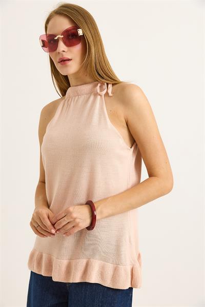 Boyundan Bağlamalı Triko Bluz Pudra